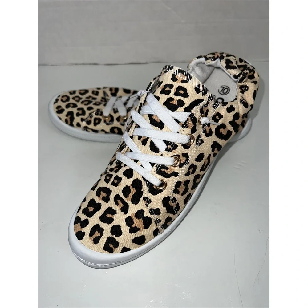 Leopard Women‎ Lace Up Canvas Shoes Low Top Slip On Sneakers Walking Flats Shoes